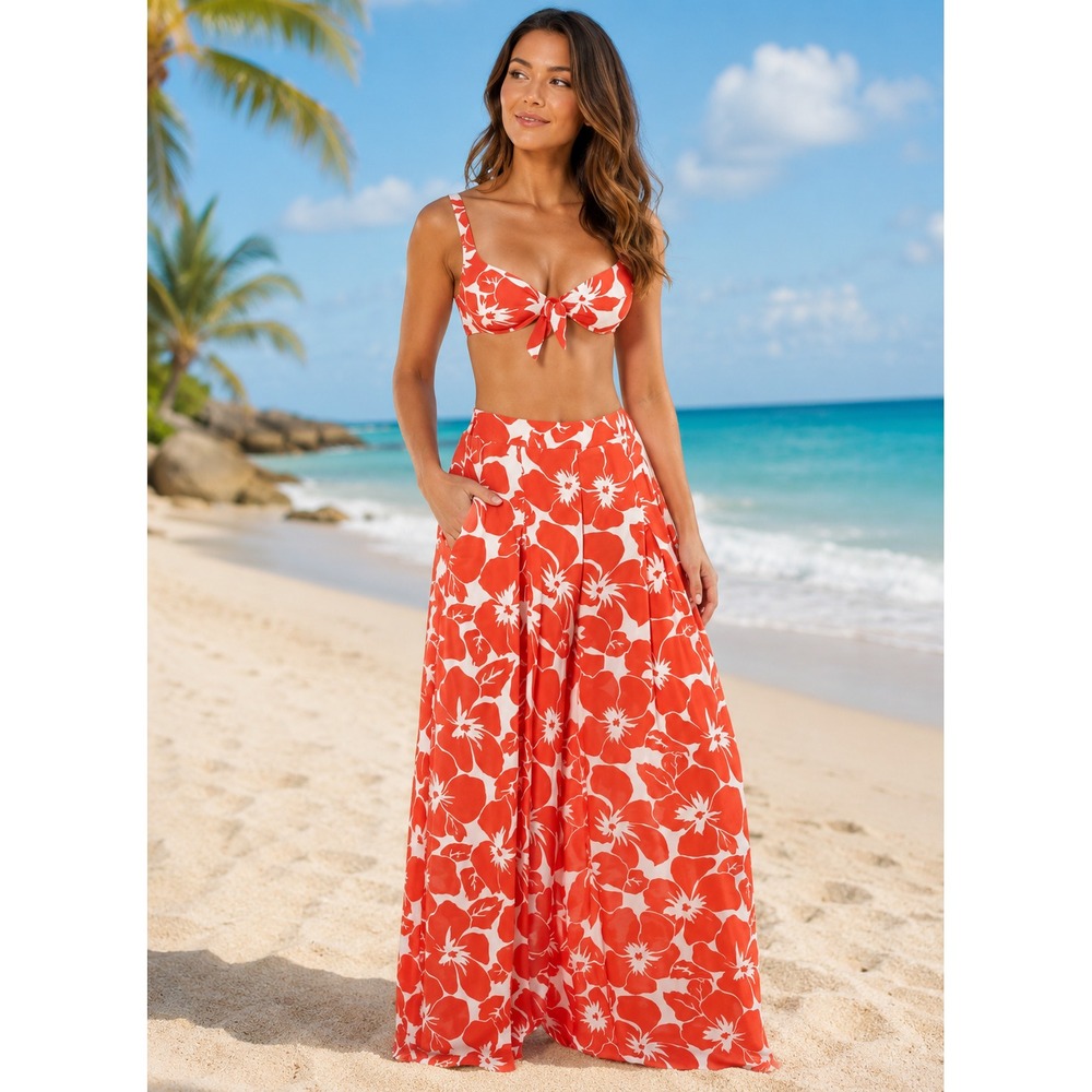 Vince Camuto Women XS Palazzo Pants Red White Floral Tropical Beach Resortwear